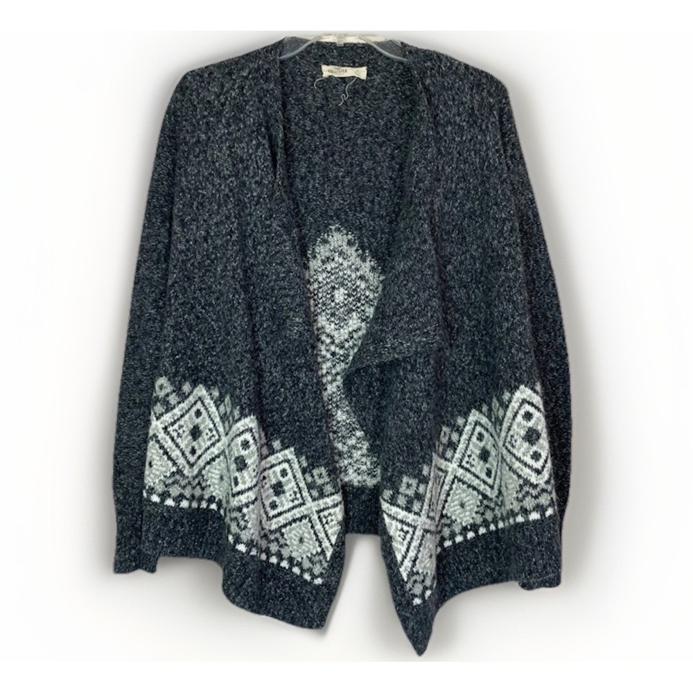 Hollister Women's S Small‎ Gray Open Front Fuzzy Cardigan Sweater Duster Argyle